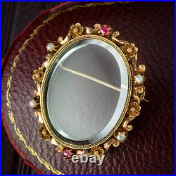 Antique Victorian French Ruby Pearl Picture Frame Brooch 15ct Gold