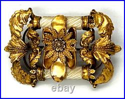 Antique Victorian Large Etruscan Pinchbec Brooch set with Mother of Pearl