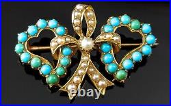 Antique Victorian double Witches heart brooch, 22ct gold, Turquoise and pearl