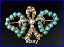 Antique Victorian double Witches heart brooch, 22ct gold, Turquoise and pearl