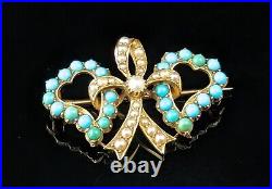 Antique Victorian double Witches heart brooch, 22ct gold, Turquoise and pearl