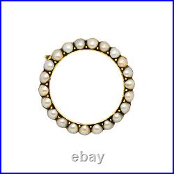 Antique Victorian natural half pearl circle brooch / lace pin, 9ct yellow gold