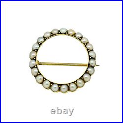 Antique Victorian natural half pearl circle brooch / lace pin, 9ct yellow gold