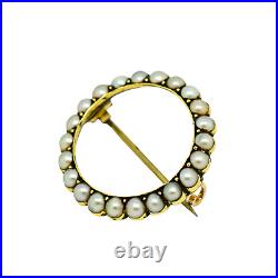 Antique Victorian natural half pearl circle brooch / lace pin, 9ct yellow gold