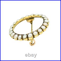 Antique Victorian natural half pearl circle brooch / lace pin, 9ct yellow gold