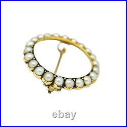 Antique Victorian natural half pearl circle brooch / lace pin, 9ct yellow gold