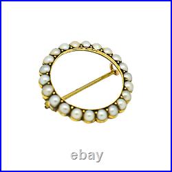 Antique Victorian natural half pearl circle brooch / lace pin, 9ct yellow gold