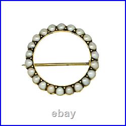 Antique Victorian natural half pearl circle brooch / lace pin, 9ct yellow gold