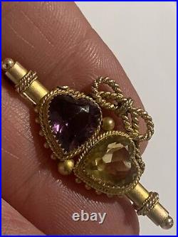 Beautiful Fine Victorian 9ct Gold Amethyst & Citrine Double Heart Brooch 1899