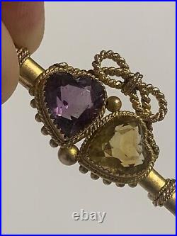 Beautiful Fine Victorian 9ct Gold Amethyst & Citrine Double Heart Brooch 1899