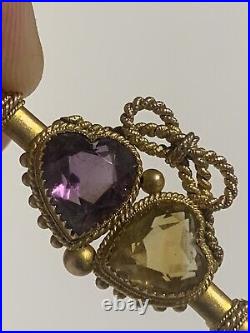 Beautiful Fine Victorian 9ct Gold Amethyst & Citrine Double Heart Brooch 1899