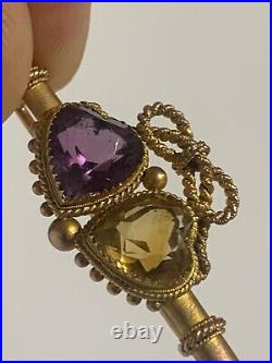 Beautiful Fine Victorian 9ct Gold Amethyst & Citrine Double Heart Brooch 1899