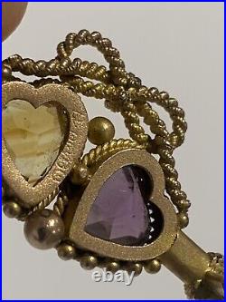 Beautiful Fine Victorian 9ct Gold Amethyst & Citrine Double Heart Brooch 1899