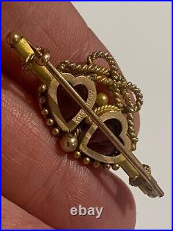 Beautiful Fine Victorian 9ct Gold Amethyst & Citrine Double Heart Brooch 1899