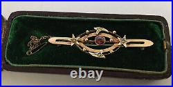 Boxed Antique Victorian 9 Carat Gold Bar Brooch with Inset Stones