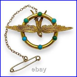 FINE ANTIQUE VICTORIAN 15ct YELLOW GOLD & TURQUOISE SWALLOW BIRD PIN BROOCH