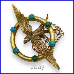 FINE ANTIQUE VICTORIAN 15ct YELLOW GOLD & TURQUOISE SWALLOW BIRD PIN BROOCH