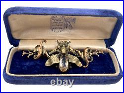 Fab Victorian Antique Real Citrine Lrg Faceted Gemstone Emerald Eyes Fly Brooch
