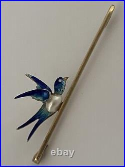 Fine Victorian 15ct Gold Baroque Pearl Blue Enamel Swallow Brooch Circa 1900