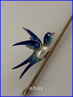 Fine Victorian 15ct Gold Baroque Pearl Blue Enamel Swallow Brooch Circa 1900