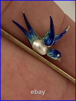 Fine Victorian 15ct Gold Baroque Pearl Blue Enamel Swallow Brooch Circa 1900