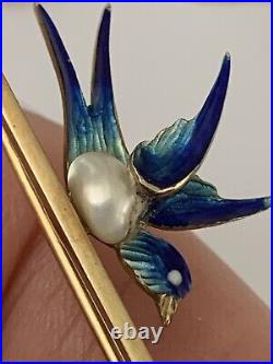 Fine Victorian 15ct Gold Baroque Pearl Blue Enamel Swallow Brooch Circa 1900