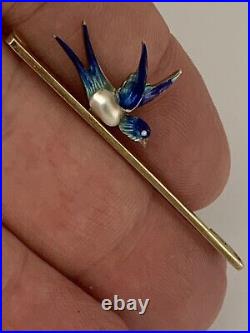 Fine Victorian 15ct Gold Baroque Pearl Blue Enamel Swallow Brooch Circa 1900