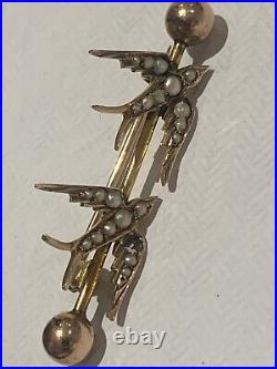 Fine Victorian 9ct Rose Gold & Natural Pearl Swallow In Flight Brooch