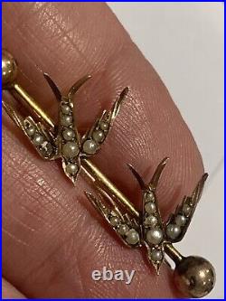 Fine Victorian 9ct Rose Gold & Natural Pearl Swallow In Flight Brooch