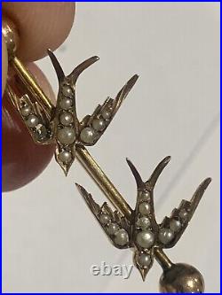 Fine Victorian 9ct Rose Gold & Natural Pearl Swallow In Flight Brooch