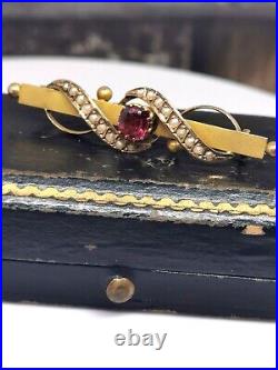 Garnet & Pearl Victorian Brooch original Antique Box 9CT GOLD CHESTER Hallmarks