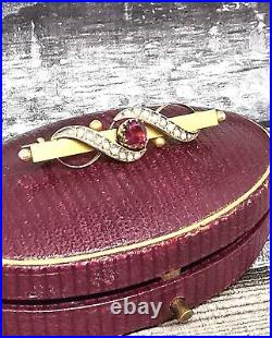 Garnet & Pearl Victorian Brooch original Antique Box 9CT GOLD CHESTER Hallmarks