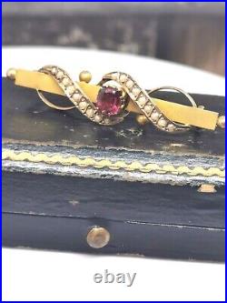 Garnet & Pearl Victorian Brooch original Antique Box 9CT GOLD CHESTER Hallmarks