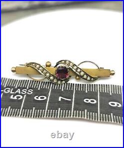 Garnet & Pearl Victorian Brooch original Antique Box 9CT GOLD CHESTER Hallmarks