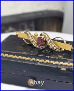 Garnet & Pearl Victorian Brooch original Antique Box 9CT GOLD CHESTER Hallmarks