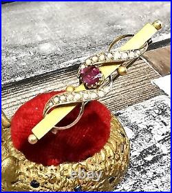 Garnet & Pearl Victorian Brooch original Antique Box 9CT GOLD CHESTER Hallmarks