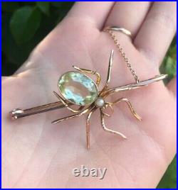 Heavy Edwardian Victorian Antique 9ct Gold Citrine & Pearl Spider Brooch RARE