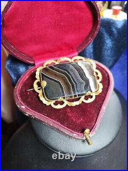 Huge Antique Victorian Scottish Banded Agate & Pinchbeck Brooch Pin