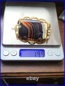 Huge Antique Victorian Scottish Banded Agate & Pinchbeck Brooch Pin