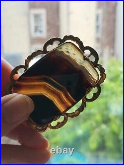 Huge Antique Victorian Scottish Banded Agate & Pinchbeck Brooch Pin