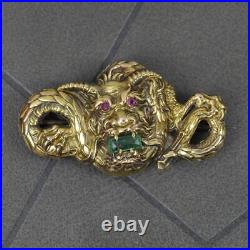 Impressive Victorian 14 Carat Gold Emerald and Ruby Dragon Creature Brooch