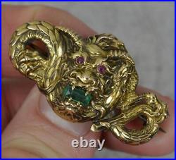 Impressive Victorian 14 Carat Gold Emerald and Ruby Dragon Creature Brooch