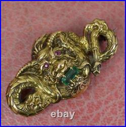 Impressive Victorian 14 Carat Gold Emerald and Ruby Dragon Creature Brooch