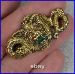 Impressive Victorian 14 Carat Gold Emerald and Ruby Dragon Creature Brooch