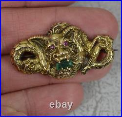 Impressive Victorian 14 Carat Gold Emerald and Ruby Dragon Creature Brooch