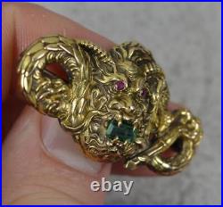 Impressive Victorian 14 Carat Gold Emerald and Ruby Dragon Creature Brooch