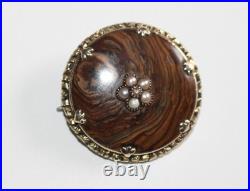 Large Antique Victorian 9ct Gold Natural Agate And Seed Pearls Brooch / Pin