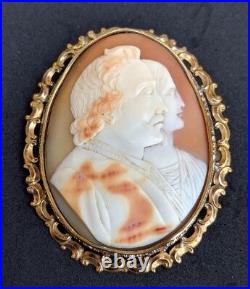 Large Antique Victorian Double Portrait Shell Cameo 9ct Gold Brooch Pin