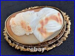 Large Antique Victorian Double Portrait Shell Cameo 9ct Gold Brooch Pin