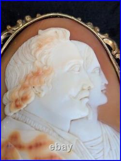 Large Antique Victorian Double Portrait Shell Cameo 9ct Gold Brooch Pin